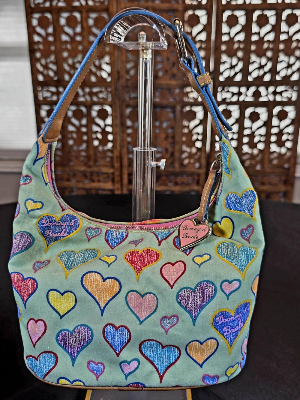 Dooney & Bourke Y2K Multicolor Hearts Canvas Hobo Bag Pink Heart Charm Rare.